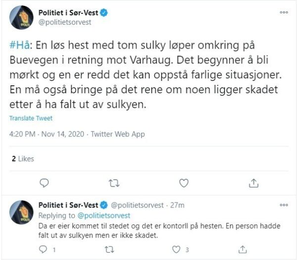 Fant løs hest uten kusk