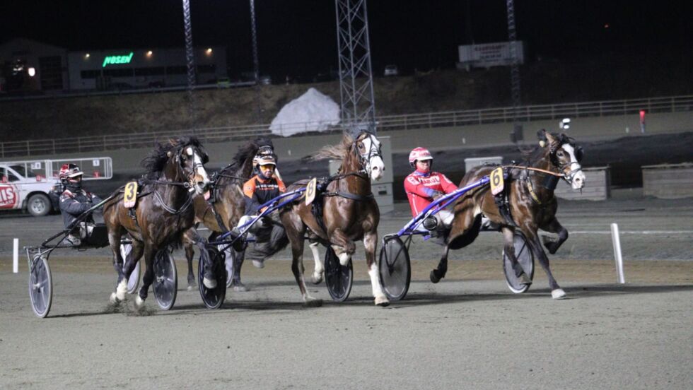 Alm Kevin (6) holder såvidt unna for Fyri (8) og Faks Odin (3).
 Foto: SDT Foto/hesteguiden.com